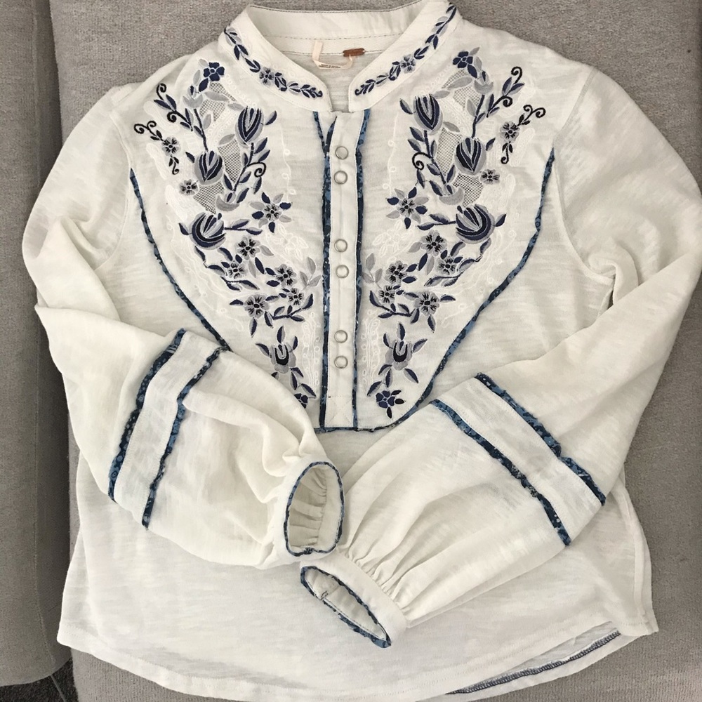 Free People Embroidered Folk snap button blouse